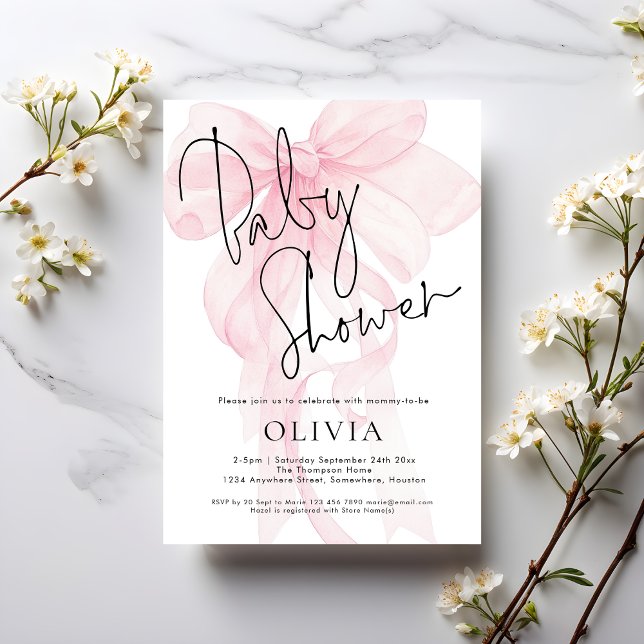 Modern Script Soft Pink Bow Baby Shower Invitation (Creator Uploaded)