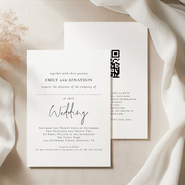Modern Script Space for Guest Name QR Code Wedding Invitation (Front and back view)