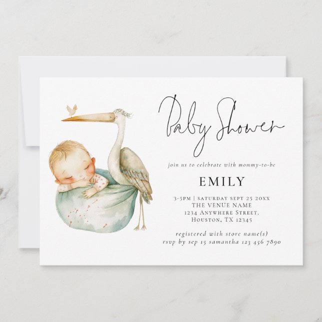 Modern Script Stork and Baby Shower Invitation (Front)
