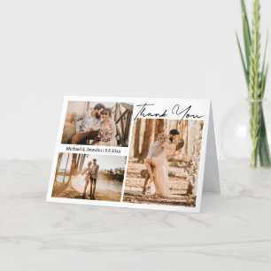modern script stylish wedding 3 photos collage thank you card