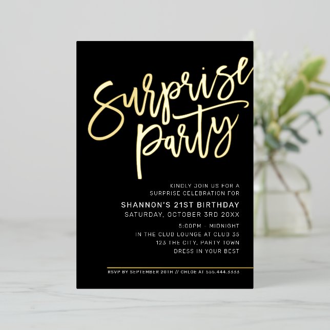 MODERN SCRIPT surprise birthday party black gold F (Standing Front)