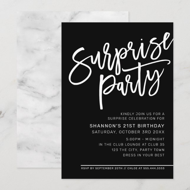 MODERN SCRIPT surprise birthday party black white Invitation (Front/Back)