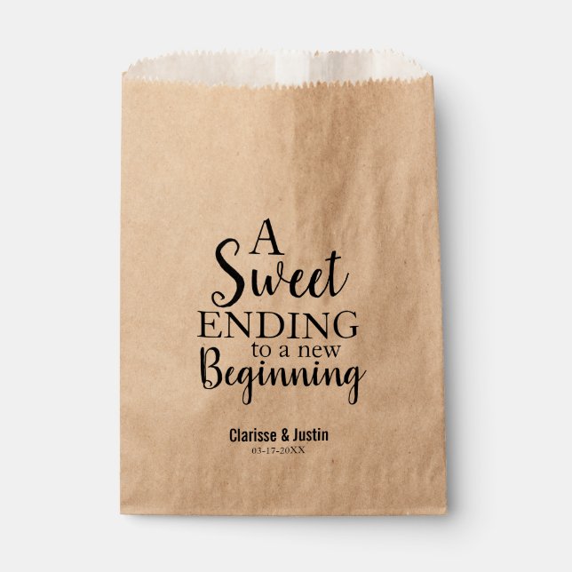Modern Script Sweet Ending New Beginning Wedding Favour Bags (Front)