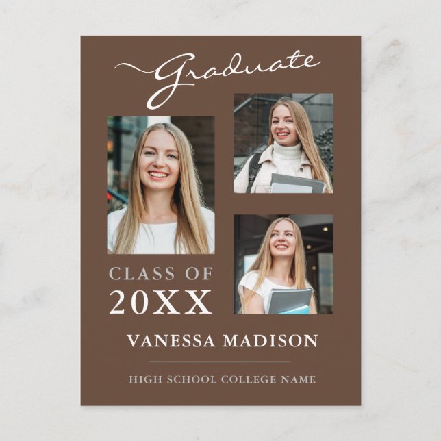 Modern Script Tan Brown Graduate Announcement Postcard (Front)