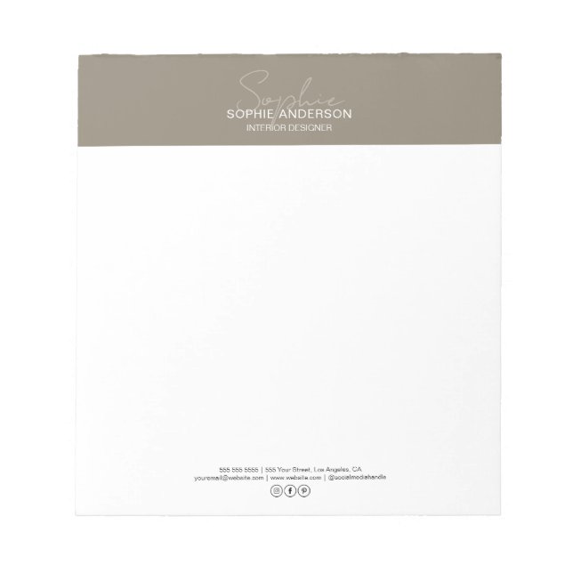 Modern Script Taupe Professional Business Notepad (Front)