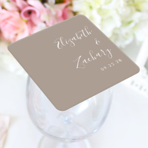 Modern Script Taupe Wedding Square Paper Coaster