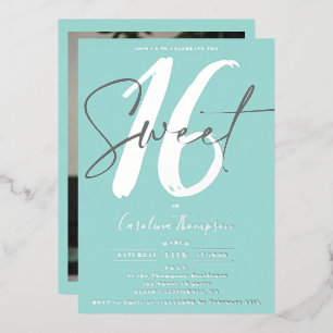 Modern script teal blue photo Sweet 16 silver