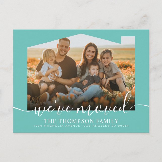 Modern Script Teal Green We've Moved Photo Moving Announcement Postcard (Front)