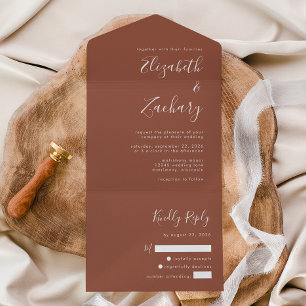 Modern Script Terracotta Burnt Orange Wedding All In One Invitation