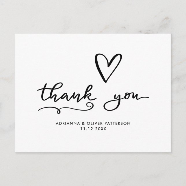 Modern Script Thank You | Cute Heart Wedding Postcard (Front)
