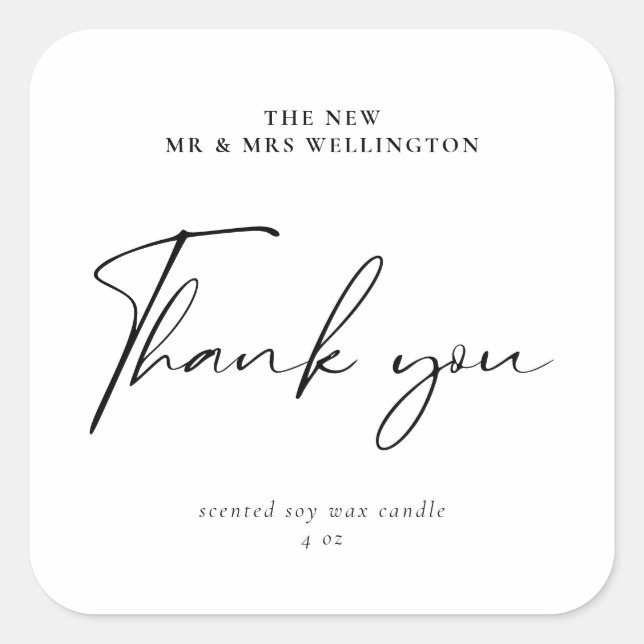 Modern Script Thank You Wedding Favour Candle Square Sticker (Front)