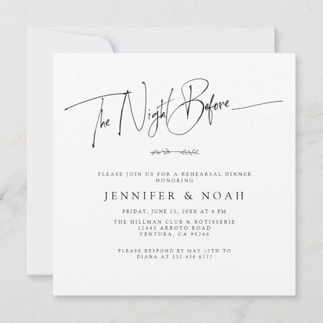 Modern Script The Night Before Rehearsal Dinner Thank You Card (Front)