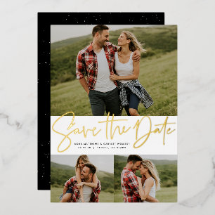 Modern script three photo gold save the date