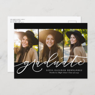Modern script three photo graduation invitation