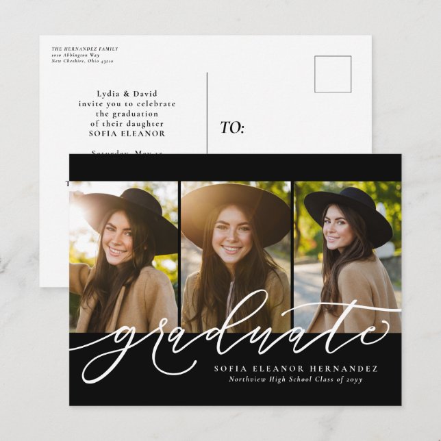 Modern script three photo graduation invitation postcard (Front/Back)