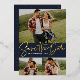 Modern script three photo navy save the date
