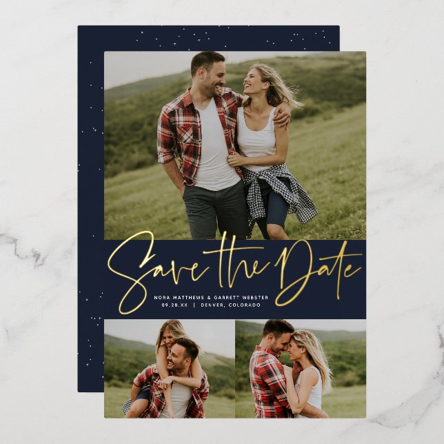Modern script three photo navy save the date (Front/Back)