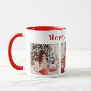 Modern Script Three Photo Red Merry & Bright  Mug