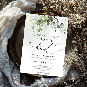 Modern script tied the knot greenery elopement invitation