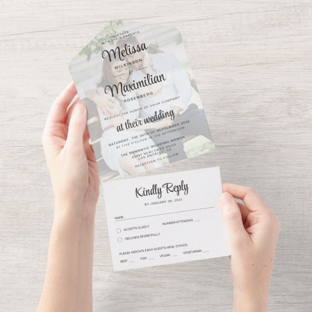 Modern script transparent photo simple wedding all in one invitation (Tearaway)
