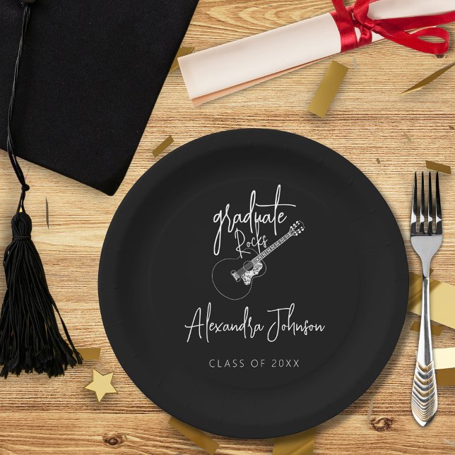 Modern Script Trendy Guitar Graduation Party Paper Plate (Modern script cool trendy minimalist country guitar music themed graduation party custom paper plate)