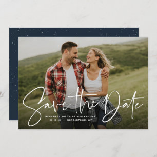 Modern script trendy navy save the date photo card