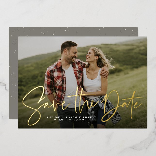 Modern script trendy one photo save the date foil  (Front/Back)