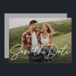 Modern script trendy save the date photo card<br><div class="desc">With a single horizontal photo and a modern script written "save the date, " this card is the perfect way to announce your engagement and upcoming wedding to friends and family. The white text is bold and modern but still sophisticated. The customisable text on the front has room for names,...</div>