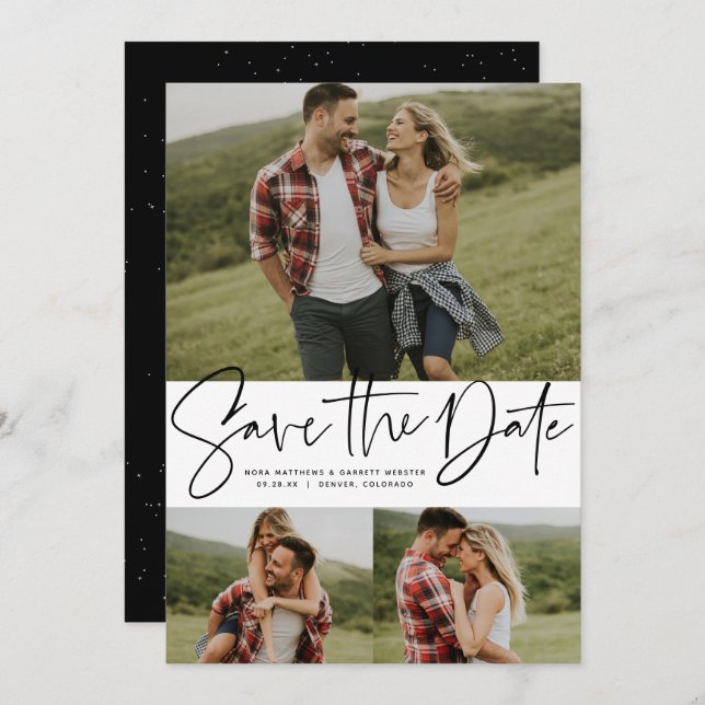Modern script trendy three photo black and white save the date (Front/Back)