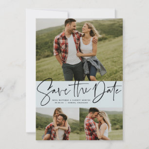 Modern script trendy three photo light blue save the date