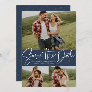 Modern script trendy three photo navy save the date