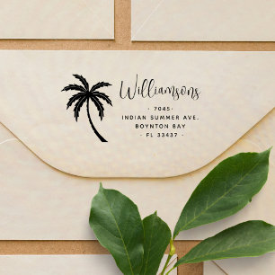 Modern Script Tropical Palm Tree Return Address Rubber Stamp