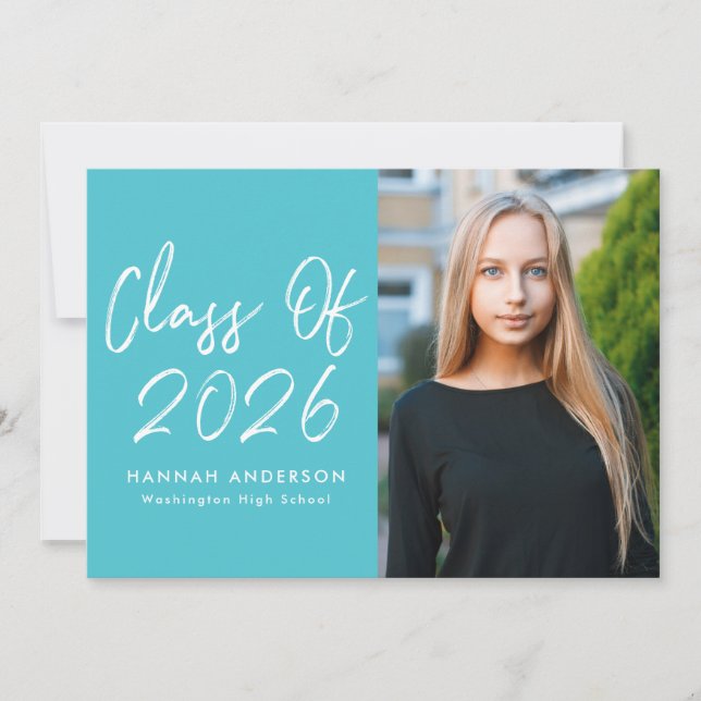 Modern Script Turquoise Photo Graduation Party Invitation (Front)