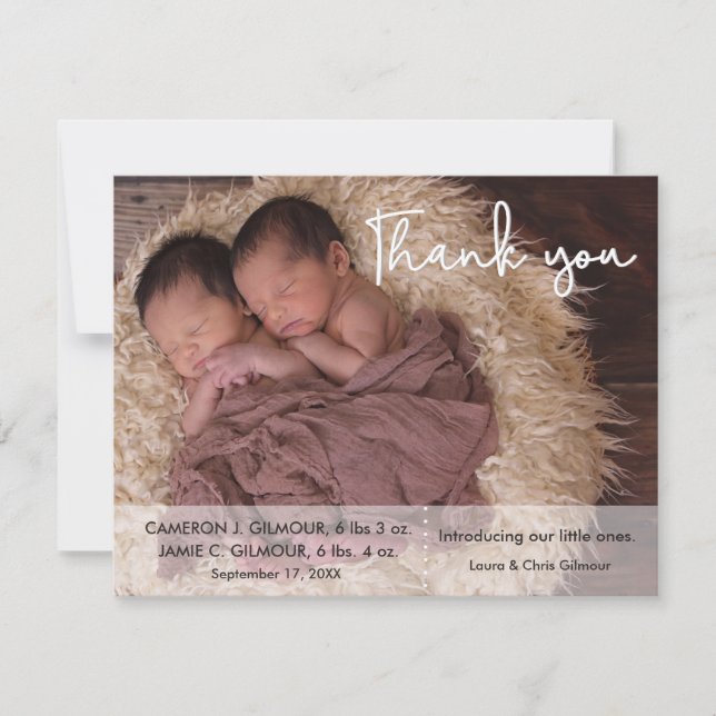 Modern Script Twins Photo Baby shower Thank You  (Front)