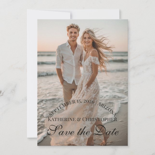 Modern Script Two Beach Photos Destination Wedding Save The Date (Front)