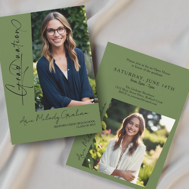 Modern Script two photo Green graduation Invitation (Creator Uploaded)