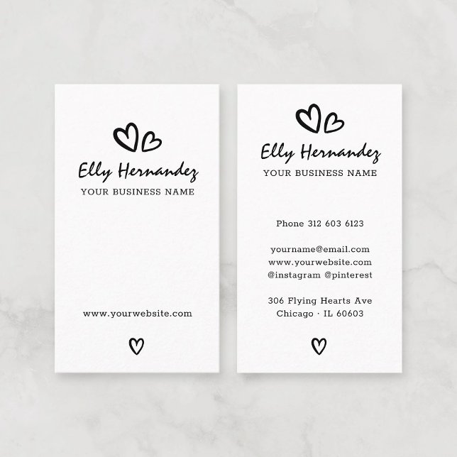 Modern Script Typewriter Hearts Black Vertical Business Card (Modern Simple Script Typewriter Hearts Black and White Professional Vertical Business Card Template.)