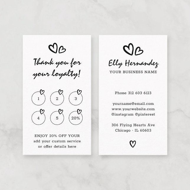 Modern Script Typewriter Hearts Black Vertical Loyalty Card (Modern Script and Typewriter Font Mix with Heart Elements and Heart Logo Black Vertical Loyalty Card)