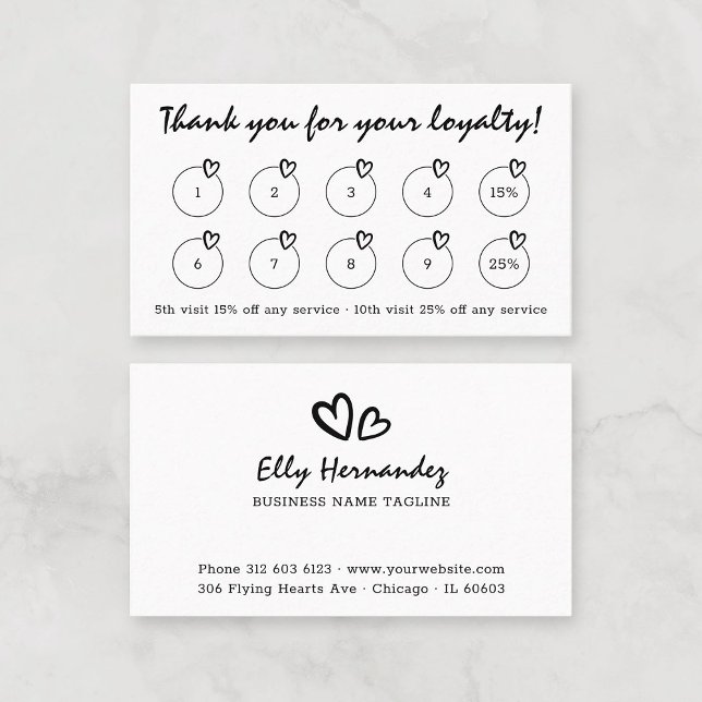 Modern Script Typewriter Hearts Logo Black Loyalty Card (Modern Script and Typewriter Font Mix with Hearts and Logo Black Business Loyalty Card Template.)