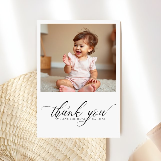  Modern Script Typography 1st Birthday Photo Thank You Card (Creator Uploaded)