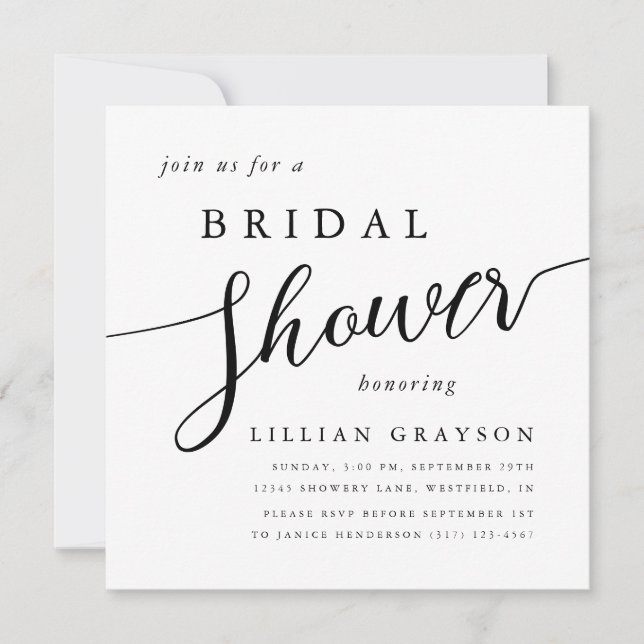 Modern Script Typography Black White Bridal Shower Invitation (Front)