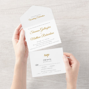 Modern Script Typography Black White Gold Wedding All In One Invitation