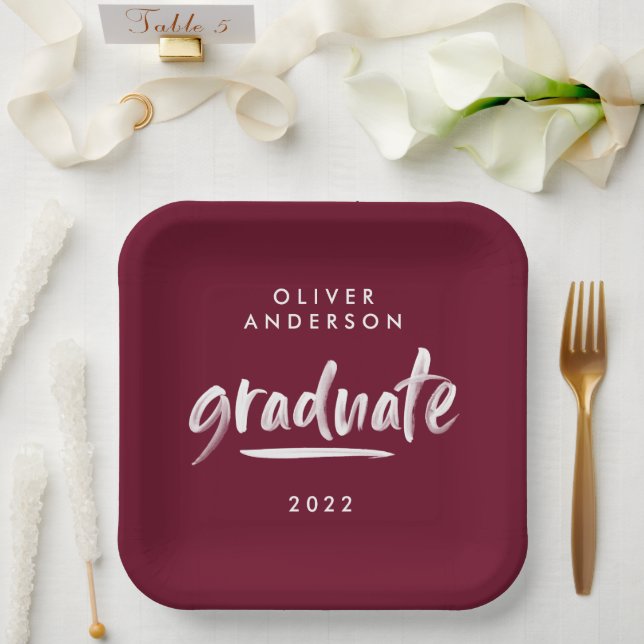 Modern script typography burgundy graduation paper plate (Wedding)