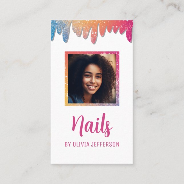 Modern Script Typography Glitter Drips Photo  Business Card (Front)