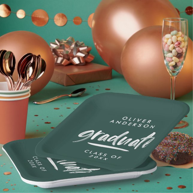 Modern script typography green graduation paper plate (Multi)