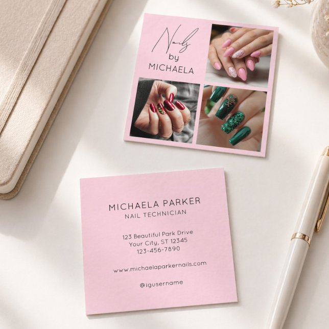 Modern Script Typography Nail Artist 3 Photo Square Business Card (Creator Uploaded)