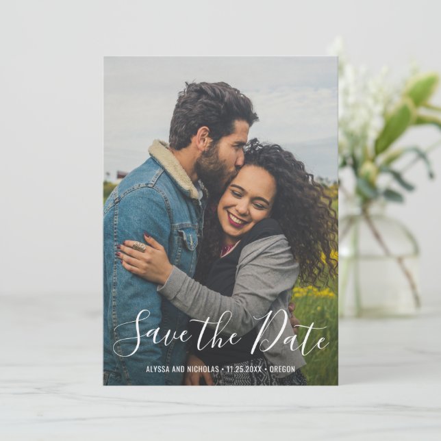 Modern Script Typography Photo Elegant Wedding Save The Date (Standing Front)
