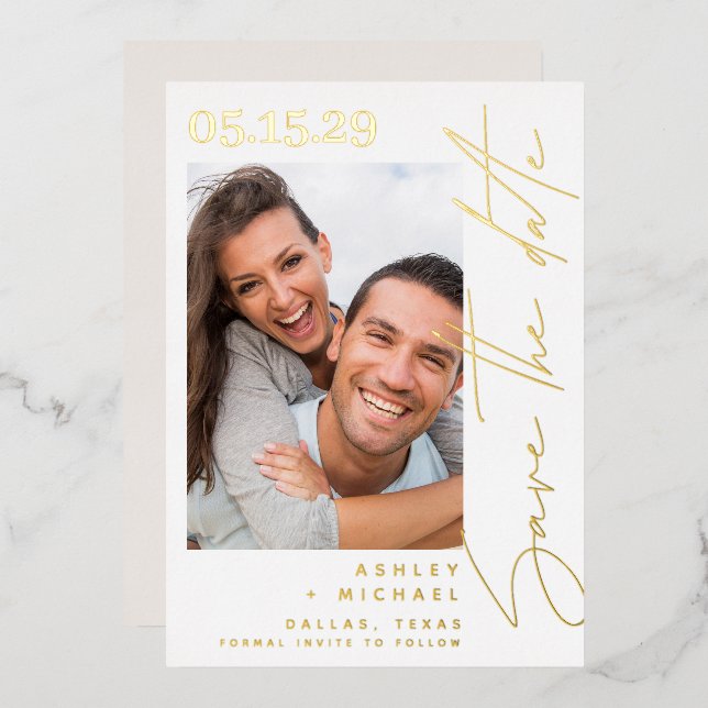 Modern Script Typography Photo Save the Date Gold (Front/Back)