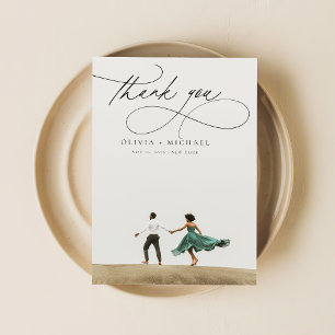 Modern Script Unique Minimalist Photo Wedding Thank You Card