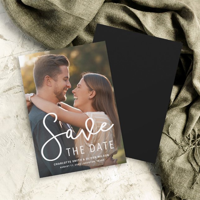 Modern Script Vertical Photo Save the Date Card (Creator Uploaded)